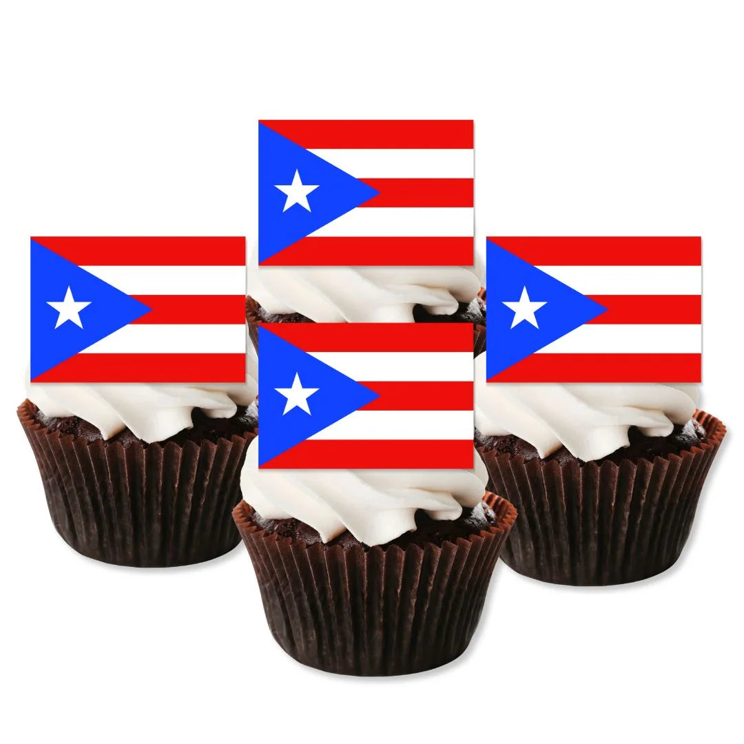 Puerto Rico Flag Edible Cupcake Toppers on chocolate cupcakes with white frosting