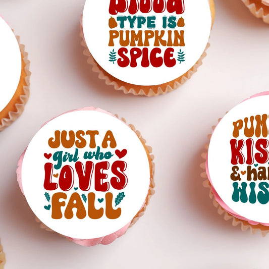 Pumpkin Spice Edible Cupcake Toppers on cupcakes with white frosting