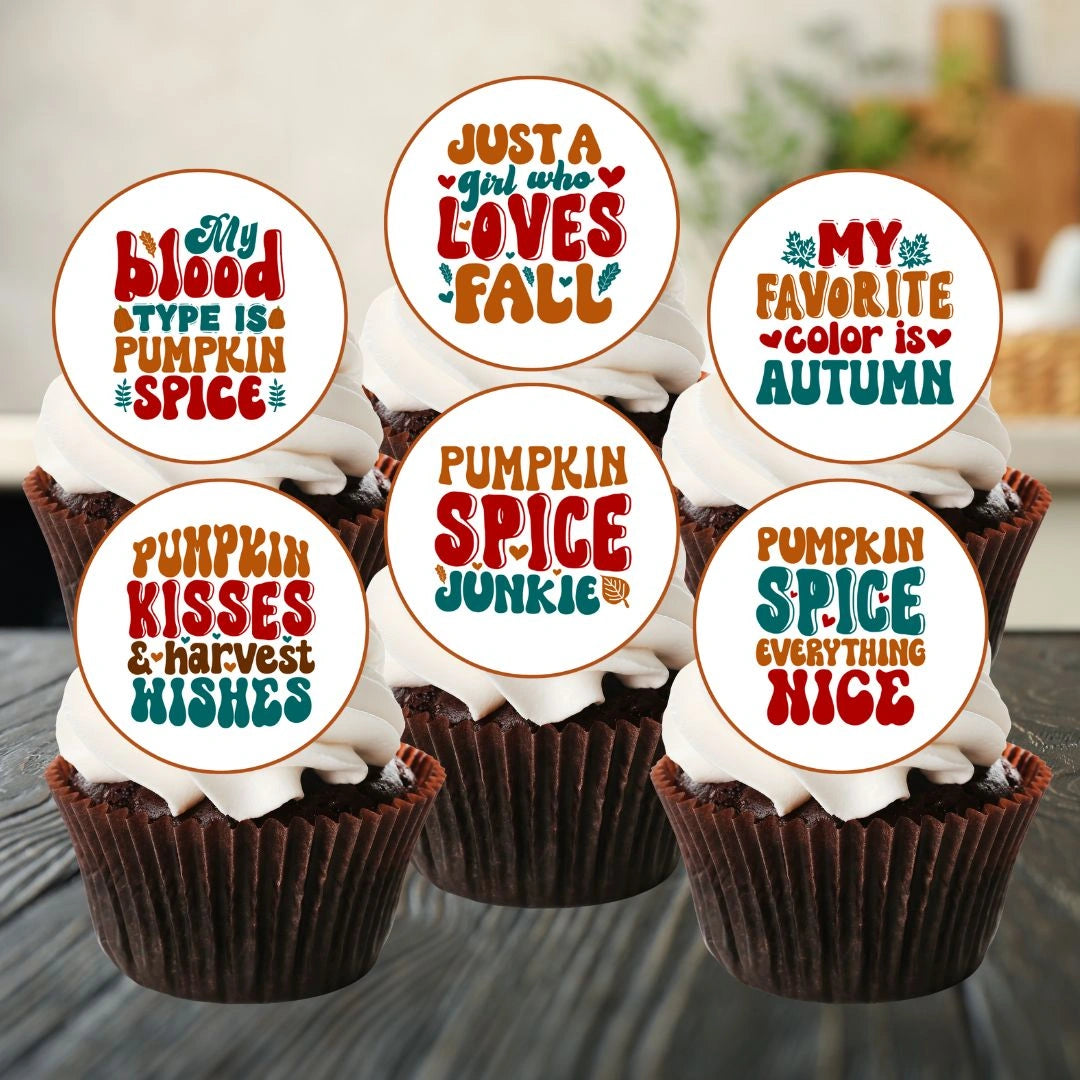 Pumpkin Spice Edible Cupcake Toppers on chocolate cupcakes with white frosting