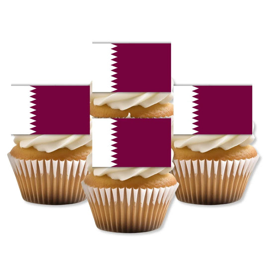 Qatar Flag Edible Cupcake Toppers on white frosted cupcakes