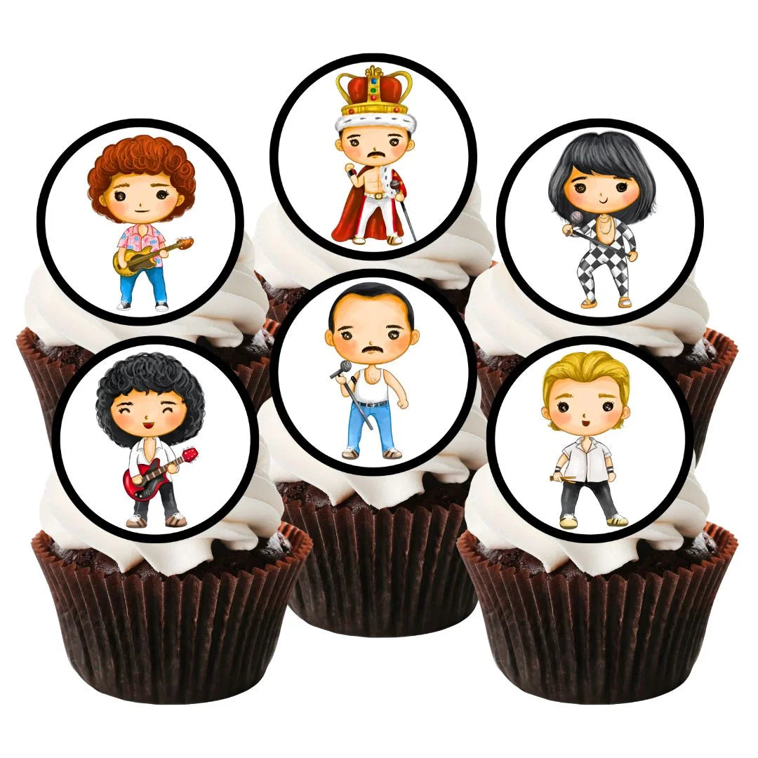 Queen band themed Edible Cupcake Toppers on chocolate cupcakes with white frosting