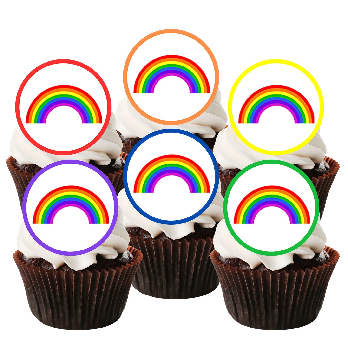 Rainbow Edible Cupcake Toppers on chocolate cupcakes with white frosting