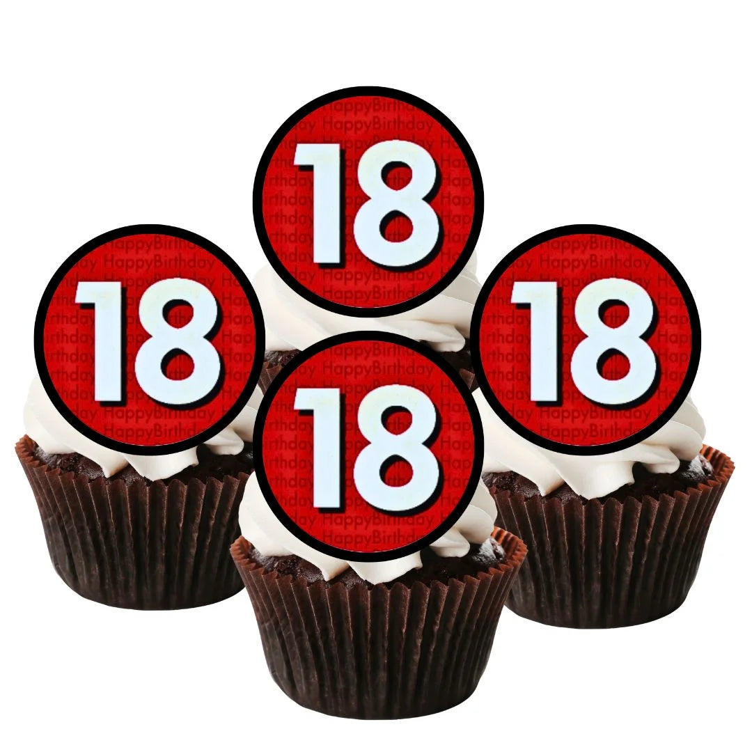 18th Birthday Red Theme Edible Cupcake Toppers on chocolate frosted cupcakes
