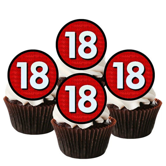 18th Birthday Red Theme Edible Cupcake Toppers on chocolate frosted cupcakes