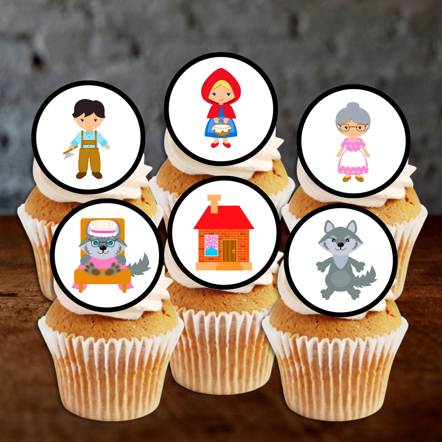 Red Riding Hood Edible Cupcake Toppers on cupcakes with white frosting