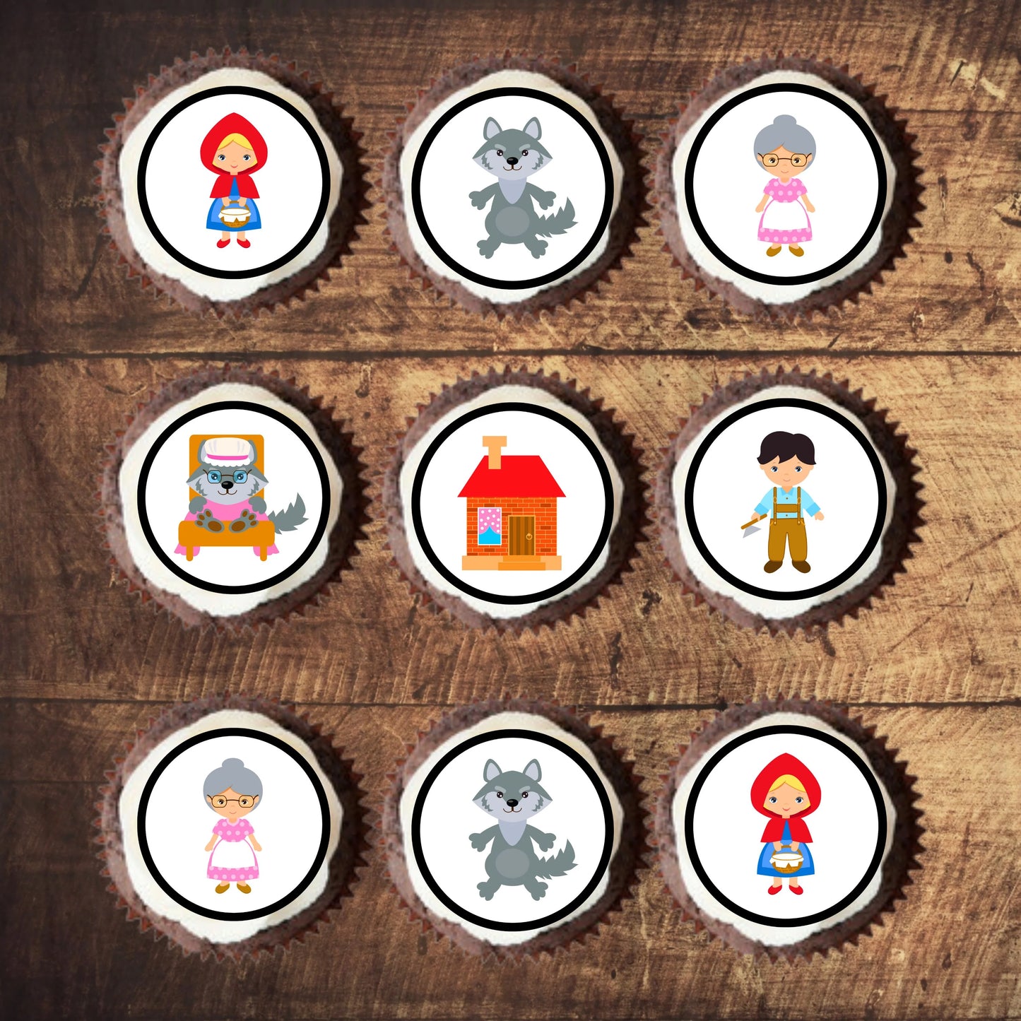 Red Riding Hood Edible Cupcake Toppers on chocolate cupcakes with white frosting