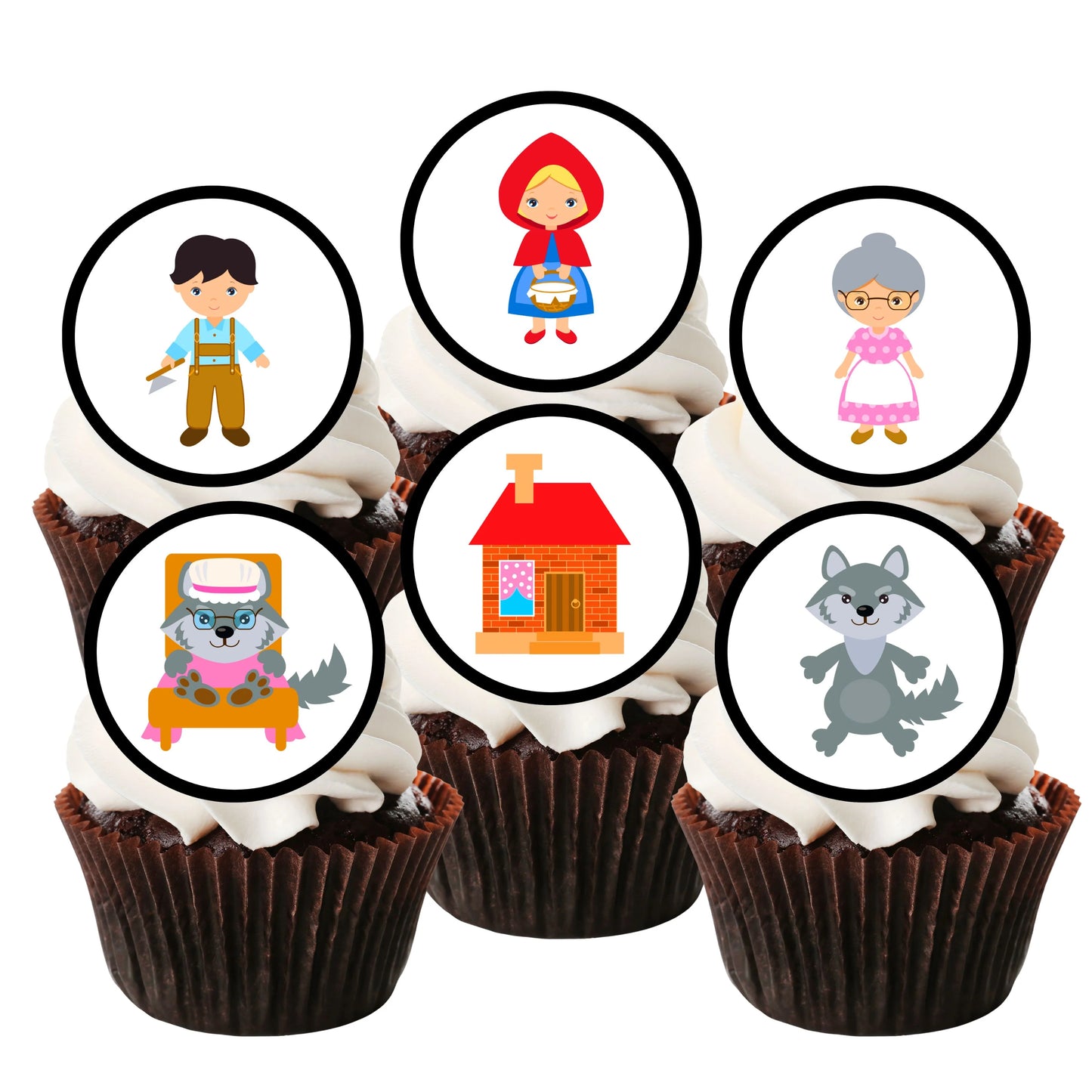 Red Riding Hood Edible Cupcake Toppers on chocolate cupcakes with white frosting