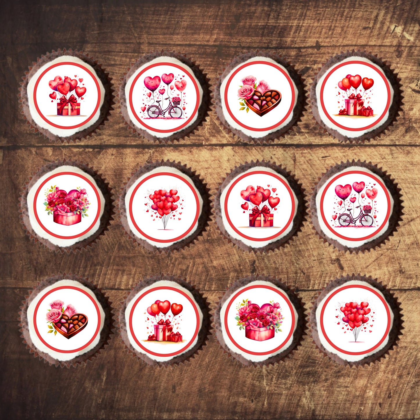 Red Valentines Day Edible Cupcake Toppers on white frosted cupcakes