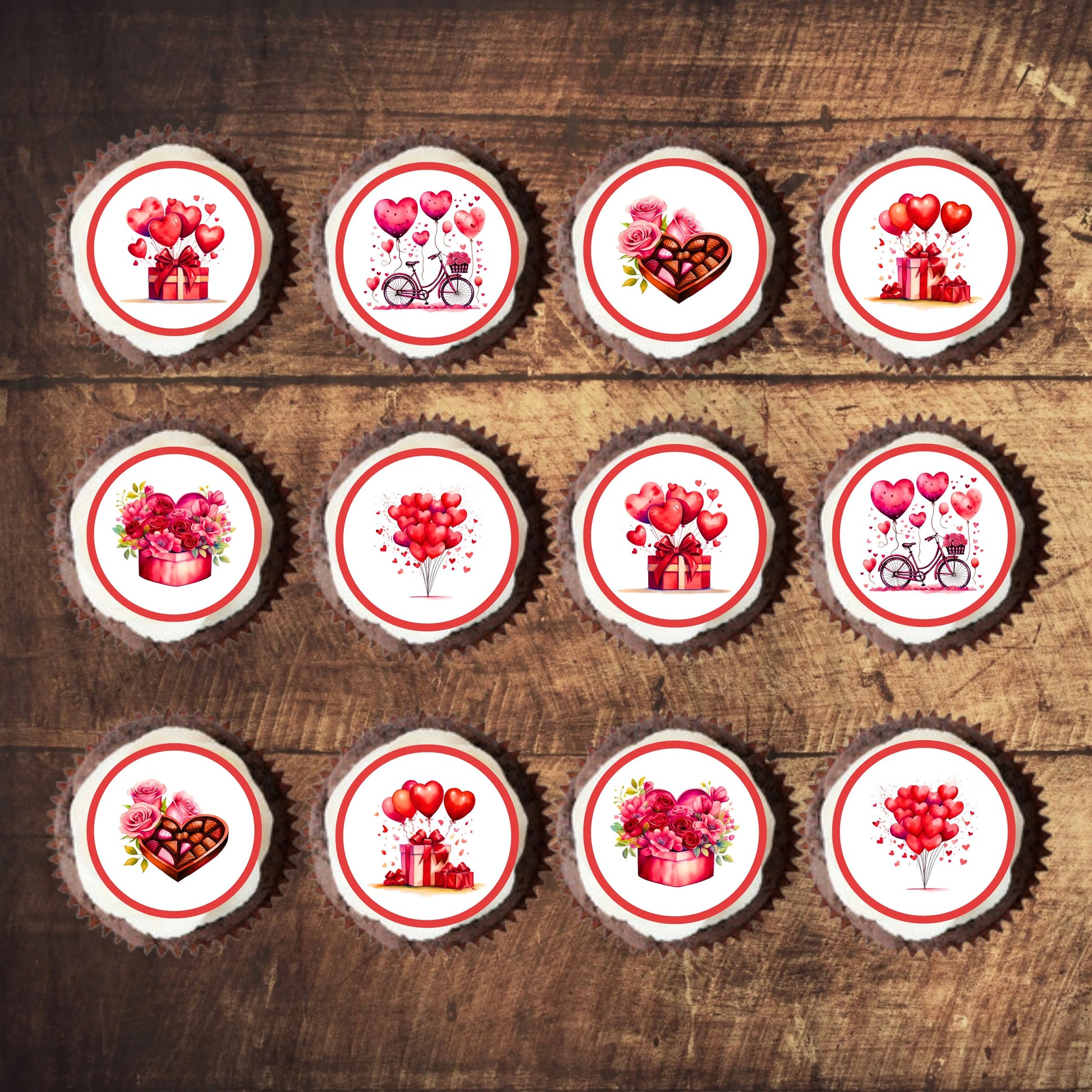 Red Valentines Day Edible Cupcake Toppers on white frosted cupcakes