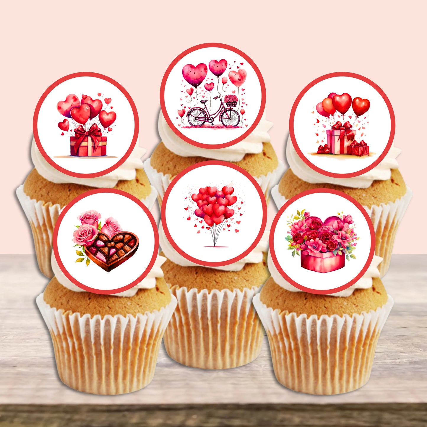 Red Valentines Day Edible Cupcake Toppers on white frosted cupcakes
