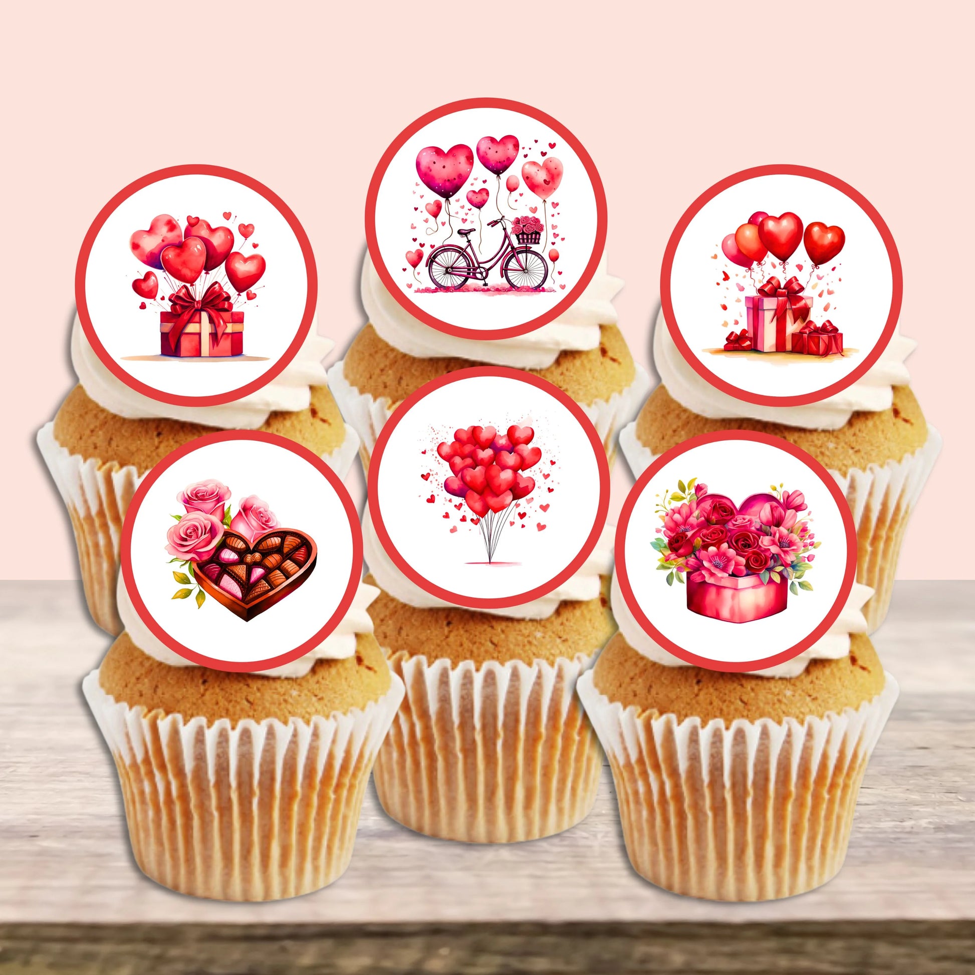 Red Valentines Day Edible Cupcake Toppers on white frosted cupcakes