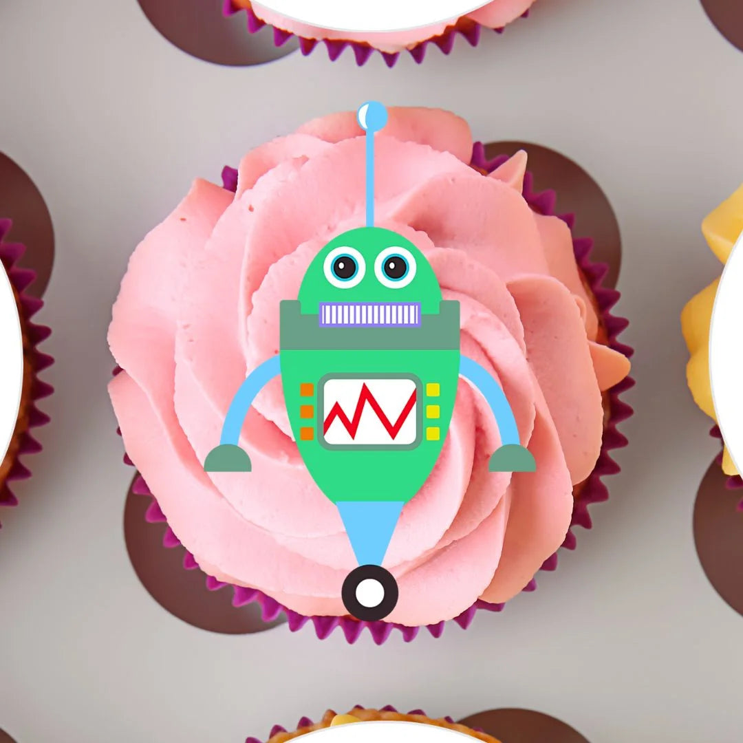 Robots Edible Cupcake Topper on cupcakes with pink frosting