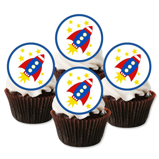 Rockets Edible Cupcake Toppers on chocolate cupcakes with white frosting