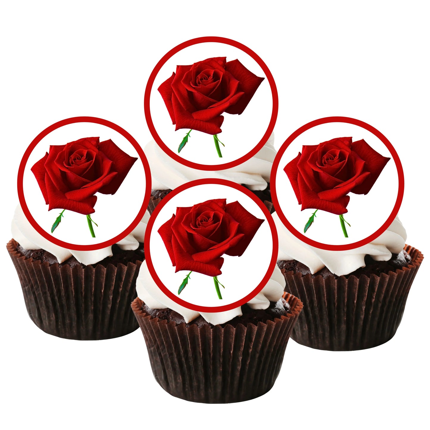 Red Roses Edible Cupcake Toppers on chocolate cupcakes with white frosting