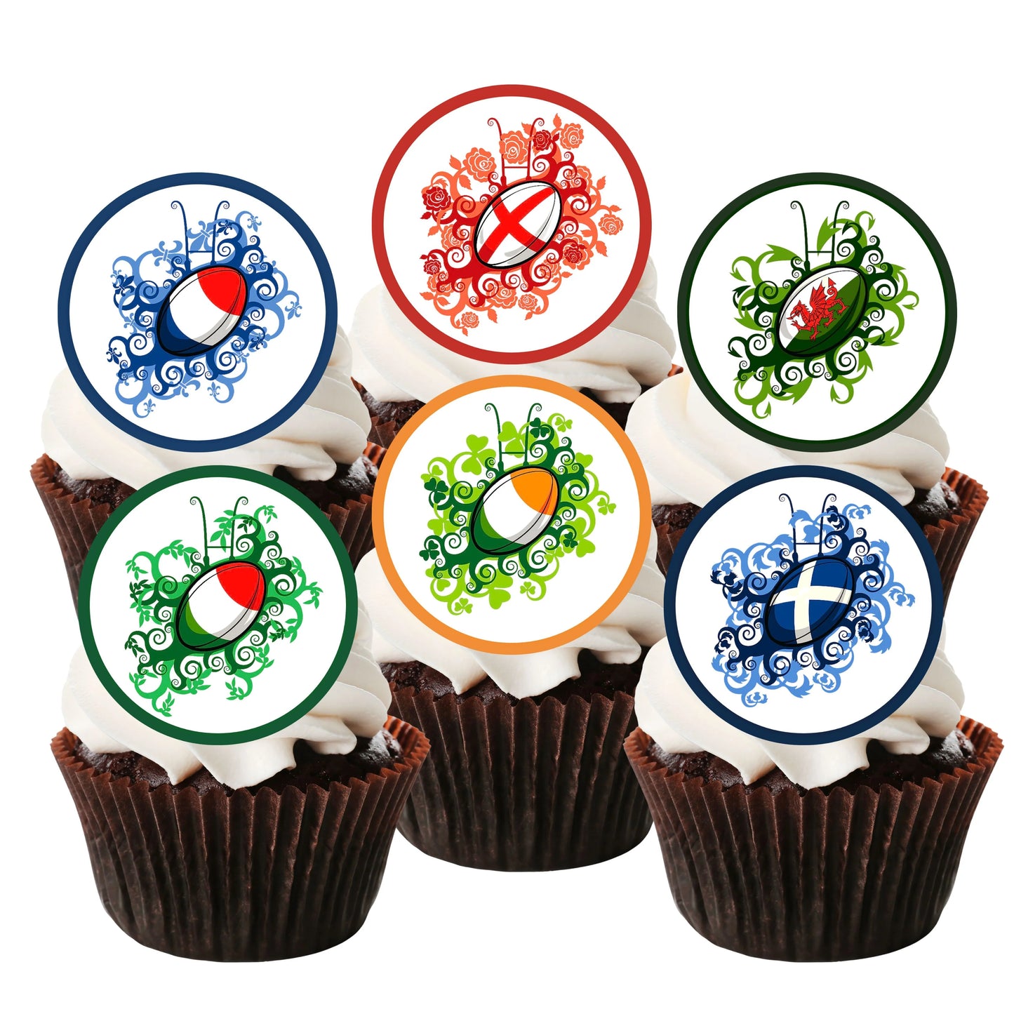 Rugby Six Nations Edible Cupcake Toppers on frosted cupcakes