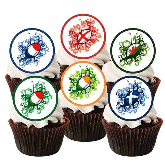 Rugby Six Nations Edible Cupcake Toppers on frosted cupcakes