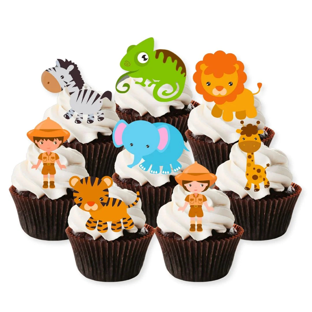 8 chocolate cupcakes with white frosting and edible safari animals cupcake toppers