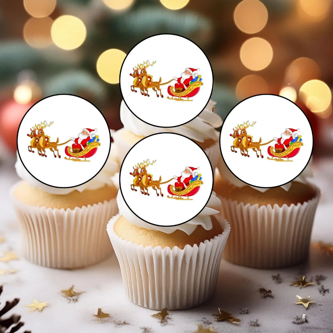 Christmas Santa Sleigh Edible Cupcake Toppers on white frosted cupcakes