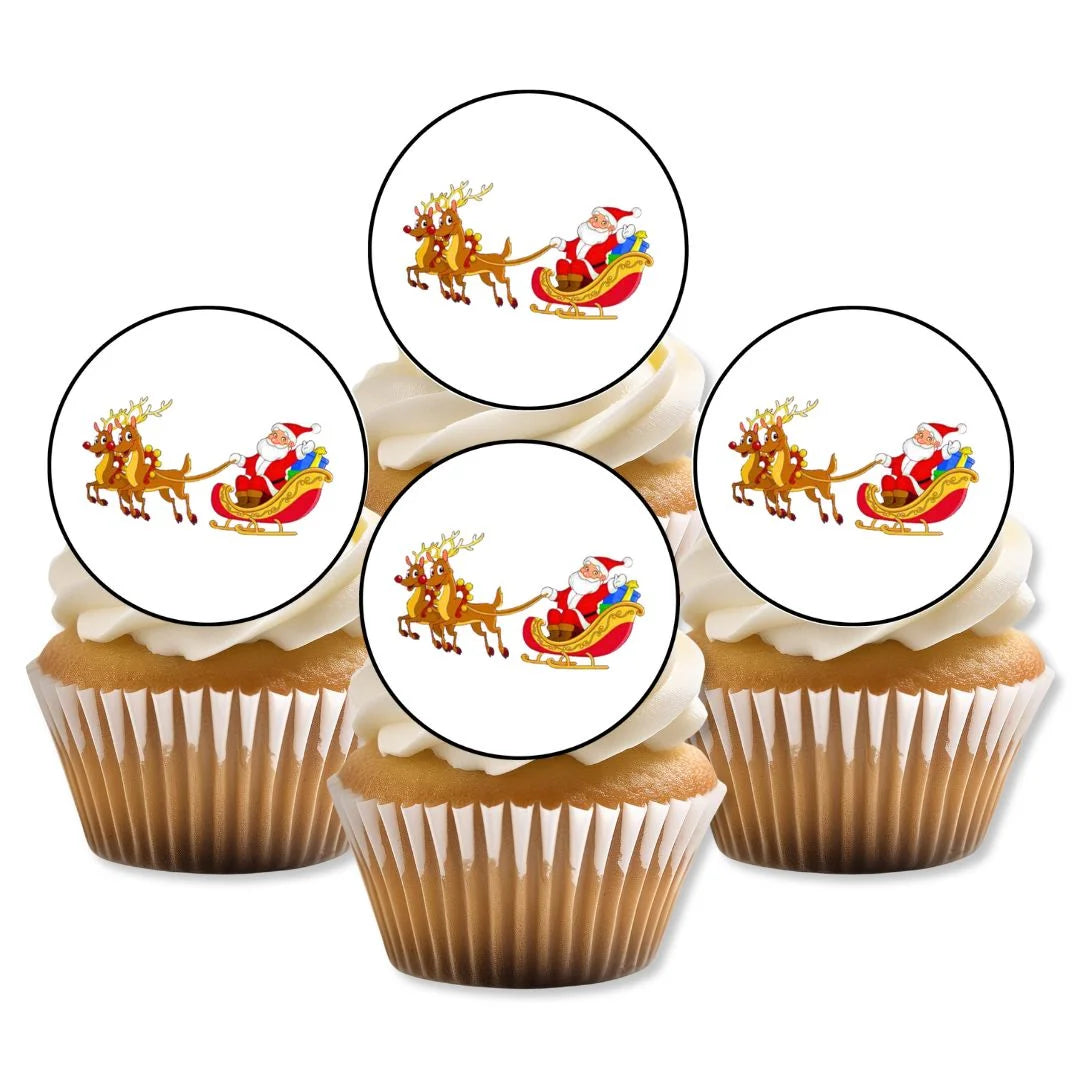 Christmas Santa Sleigh Edible Cupcake Toppers on white frosted cupcakes