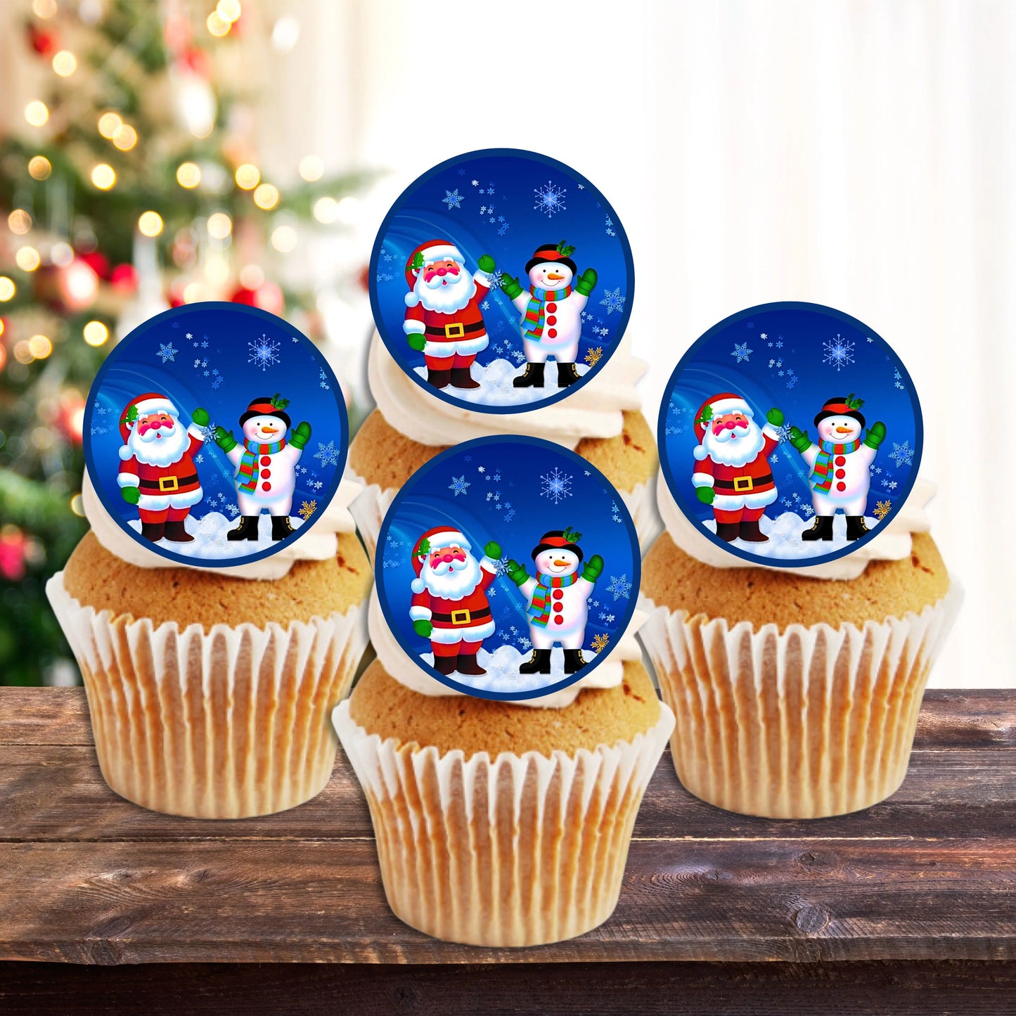Christmas Santa Snowman Cupcake Toppers on white frosted cupcakes