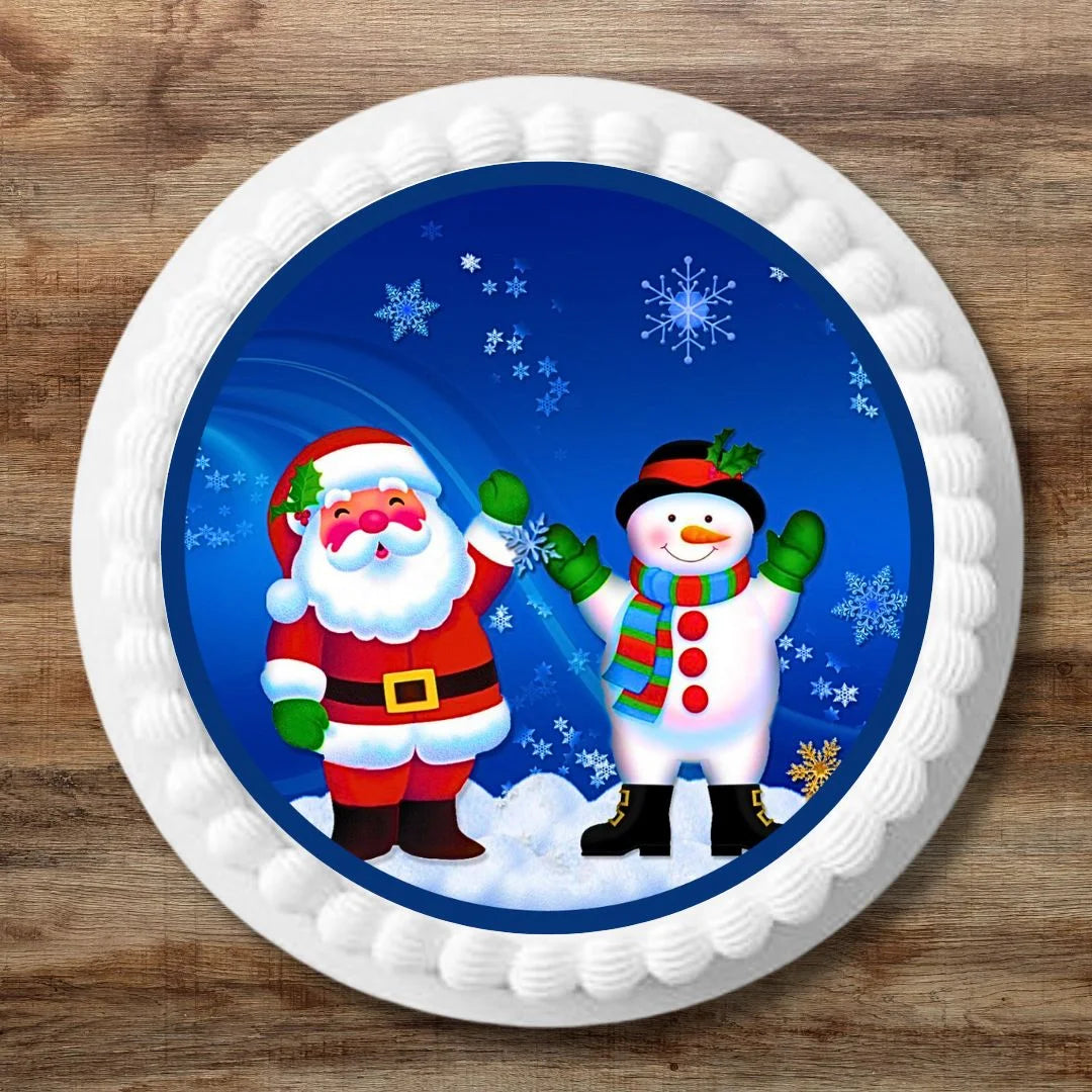 Christmas Santa Snowman Cupcake Toppers on white iced cake