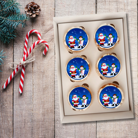 Christmas Santa Snowman Cupcake Toppers on white frosted cupcakes