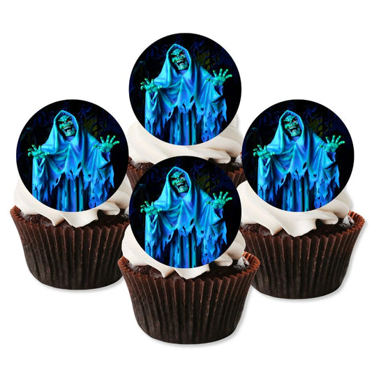Halloween Scary Ghost Edible Cupcake Toppers on chocolate cupcakes with white frosting