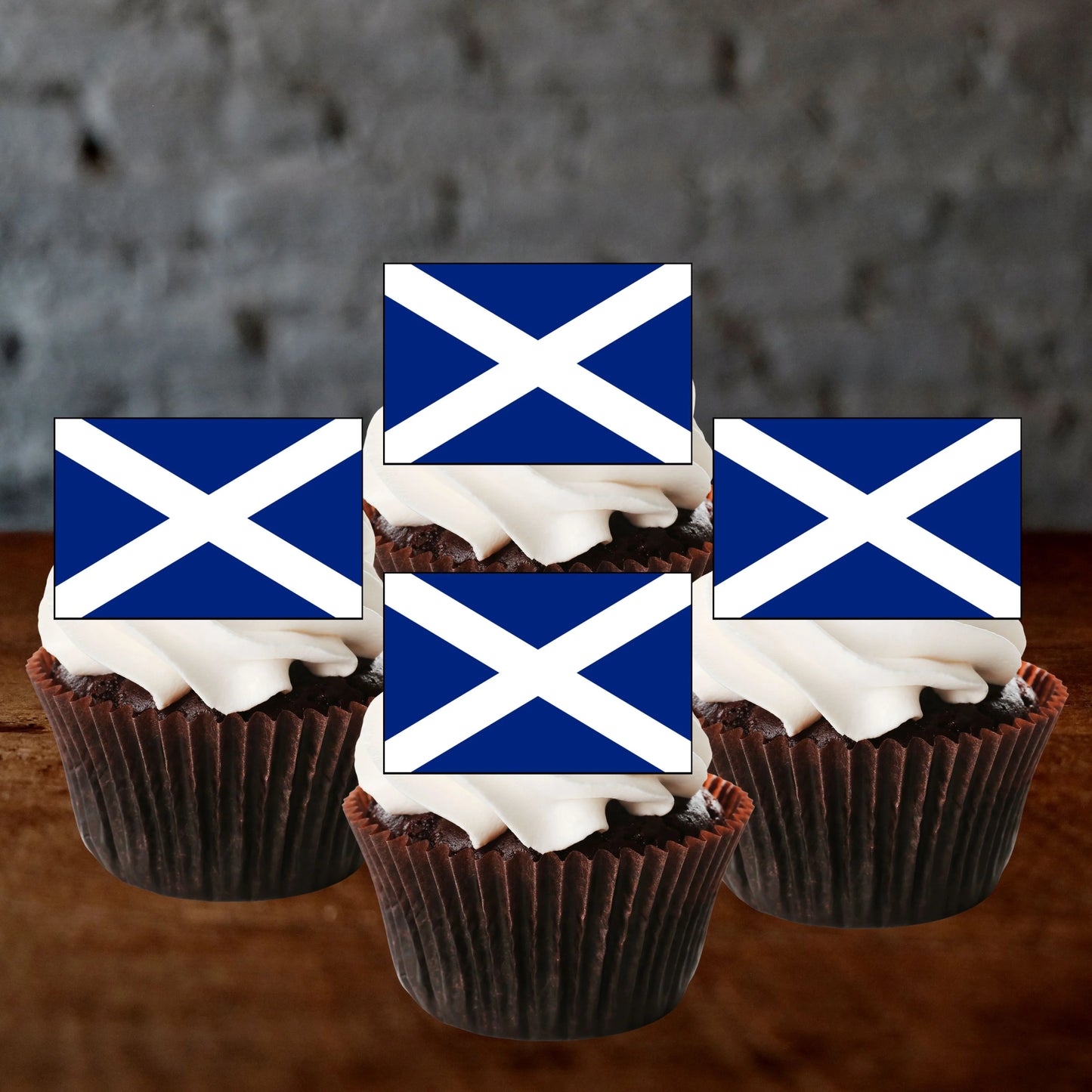 Scottish Flag Edible Cupcake Toppers on chocolate cupcakes with white frosting