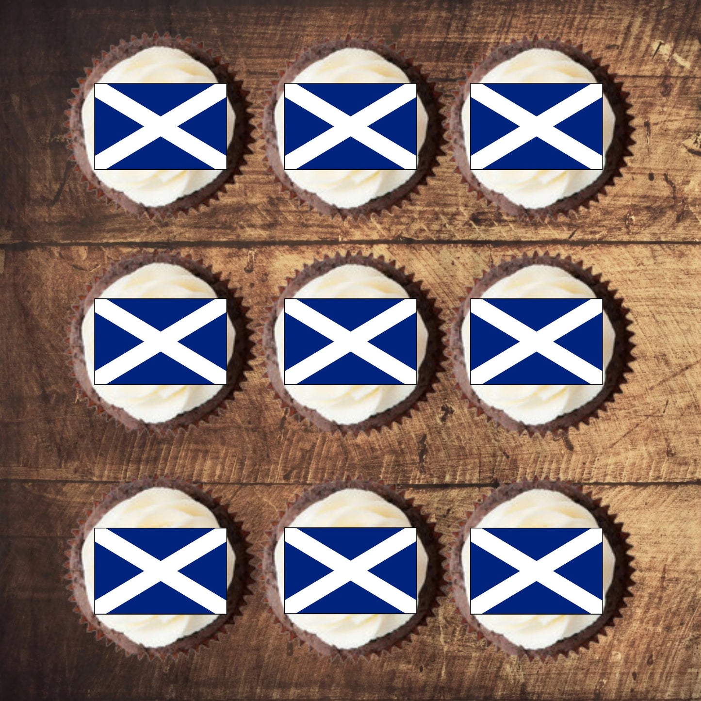 Scottish Flag Edible Cupcake Toppers on chocolate cupcakes with white frosting