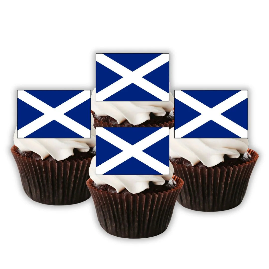 Scottish Flag Edible Cupcake Toppers on chocolate cupcakes with white frosting
