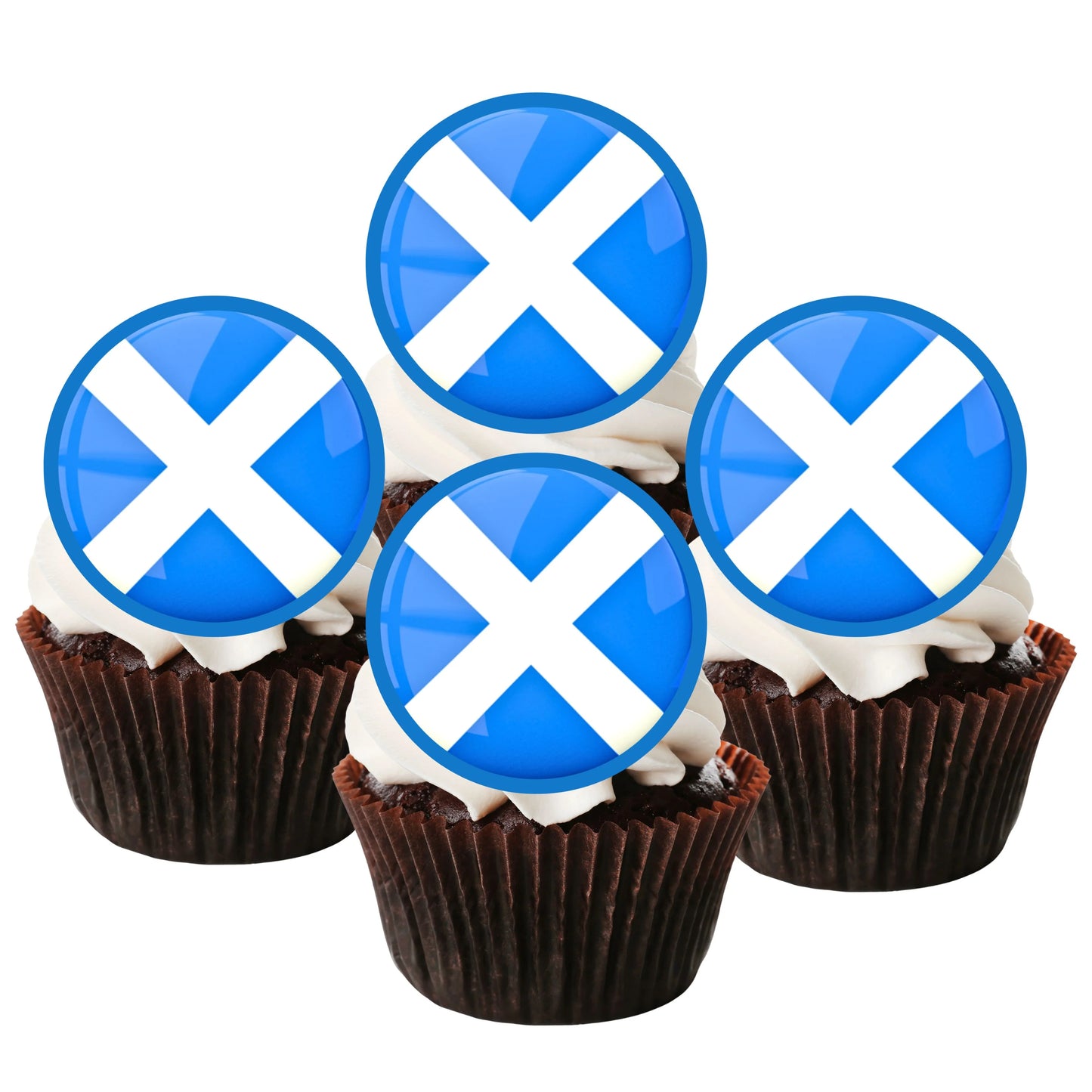 Scottish Flag Edible Cupcake Toppers on chocolate cupcakes with white frosting