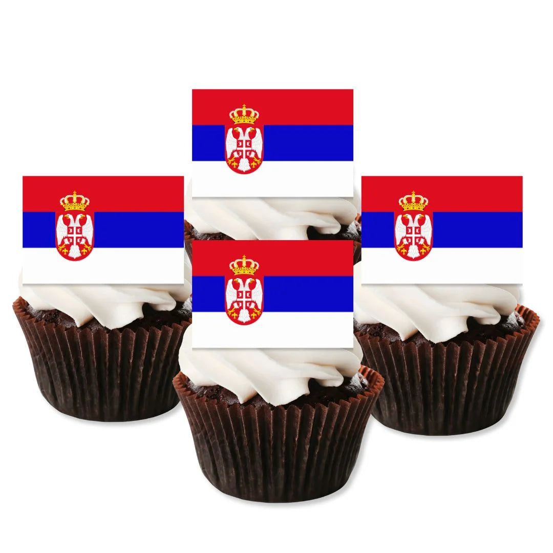 Serbia Flag Edible Cupcake Toppers on white frosted cupcakes