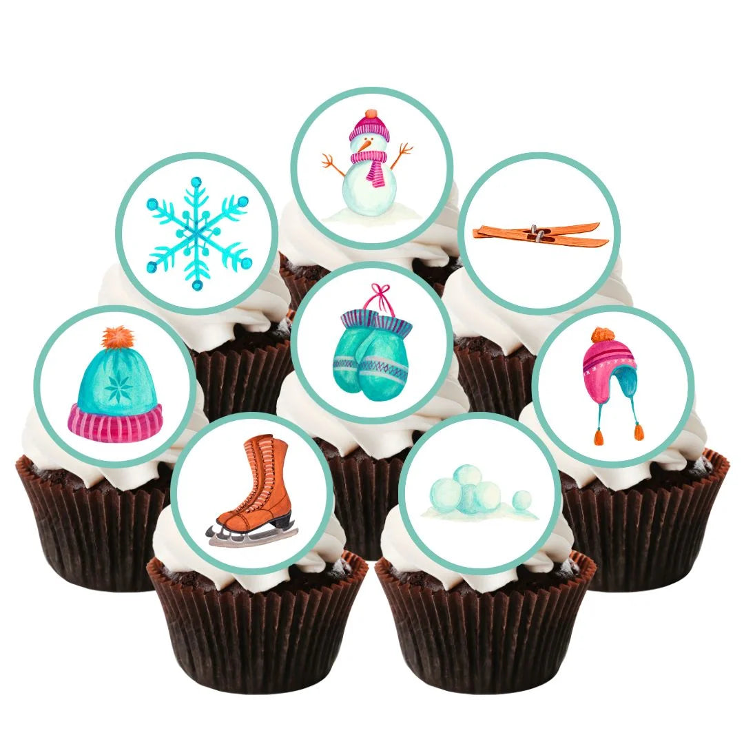 Ski Winter Theme Edible Cupcake Toppers on chocolate cupcakes with white frosting