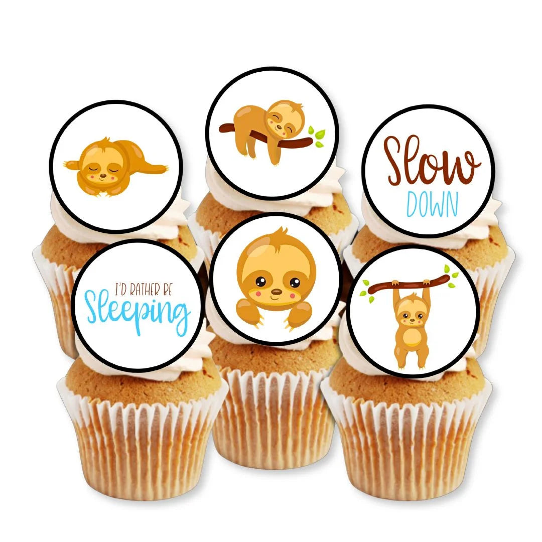 6 sponge cupcakes with white frosting and edible sloth themed cupcake toppers