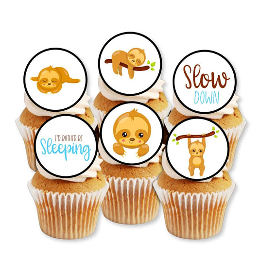 6 sponge cupcakes with white frosting and edible sloth themed cupcake toppers