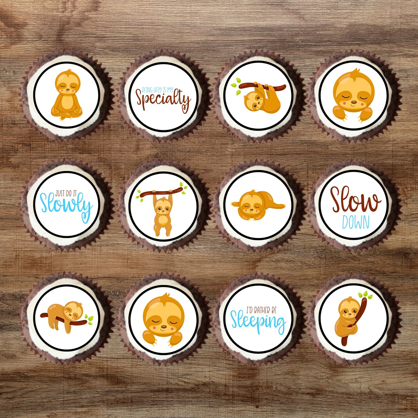 top down view of 12 cupcakes featuring cian's cupcake toppers with a sloth theme