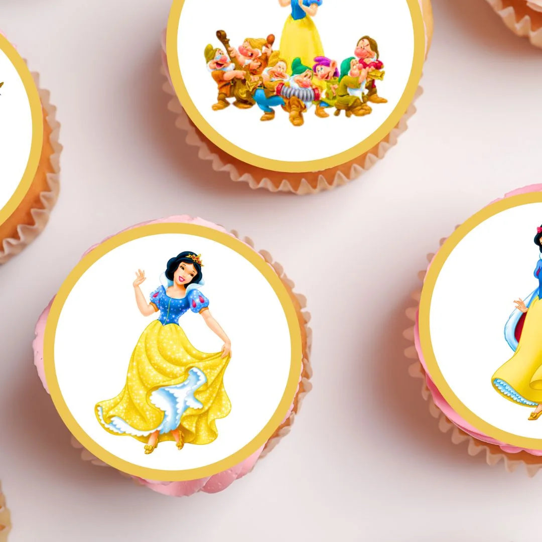 Princess Snow White Edible Cupcake Toppers on chocolate cupcakes with white frosting