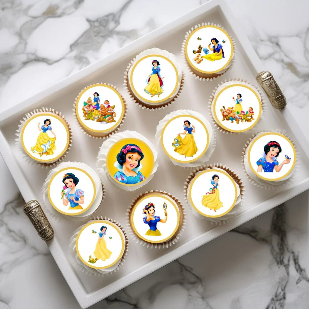 Princess Snow White Edible Cupcake Toppers on chocolate cupcakes with white frosting