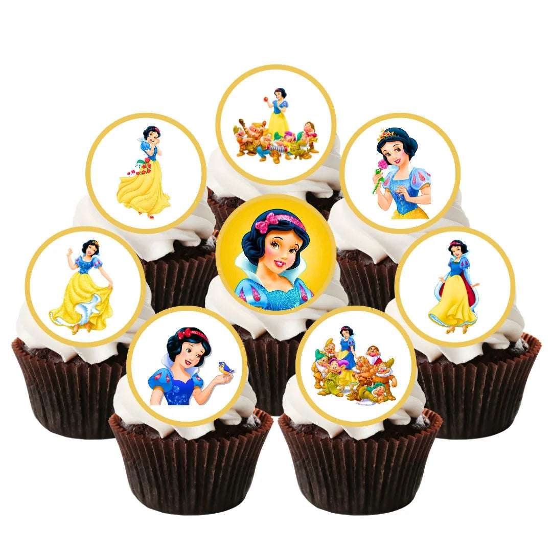 Princess Snow White Edible Cupcake Toppers on chocolate cupcakes with white frosting