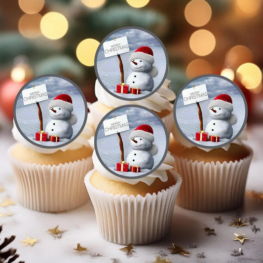 Cute Snowman Edible Cupcake Toppers on white frosted cupcakes