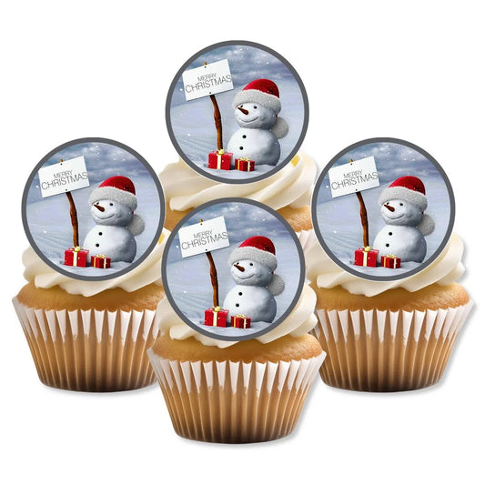 Cute Snowman Edible Cupcake Toppers on white frosted cupcakes