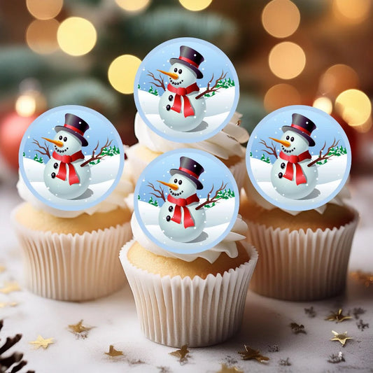 Snowman Theme Edible Cupcake Toppers on white frosted cupcakes