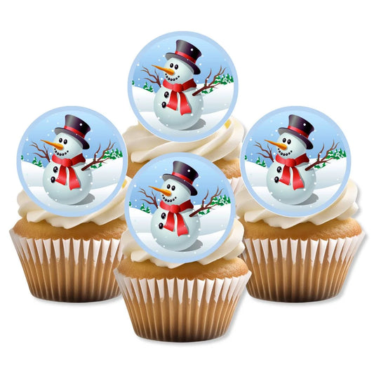 Snowman Theme Edible Cupcake Toppers on white frosted cupcakes