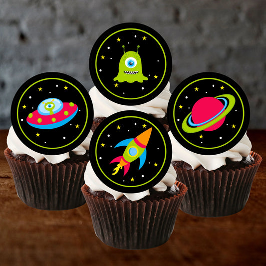 Space Theme Edible Cupcake Toppers on chocolate cupcakes toppers with white frosting