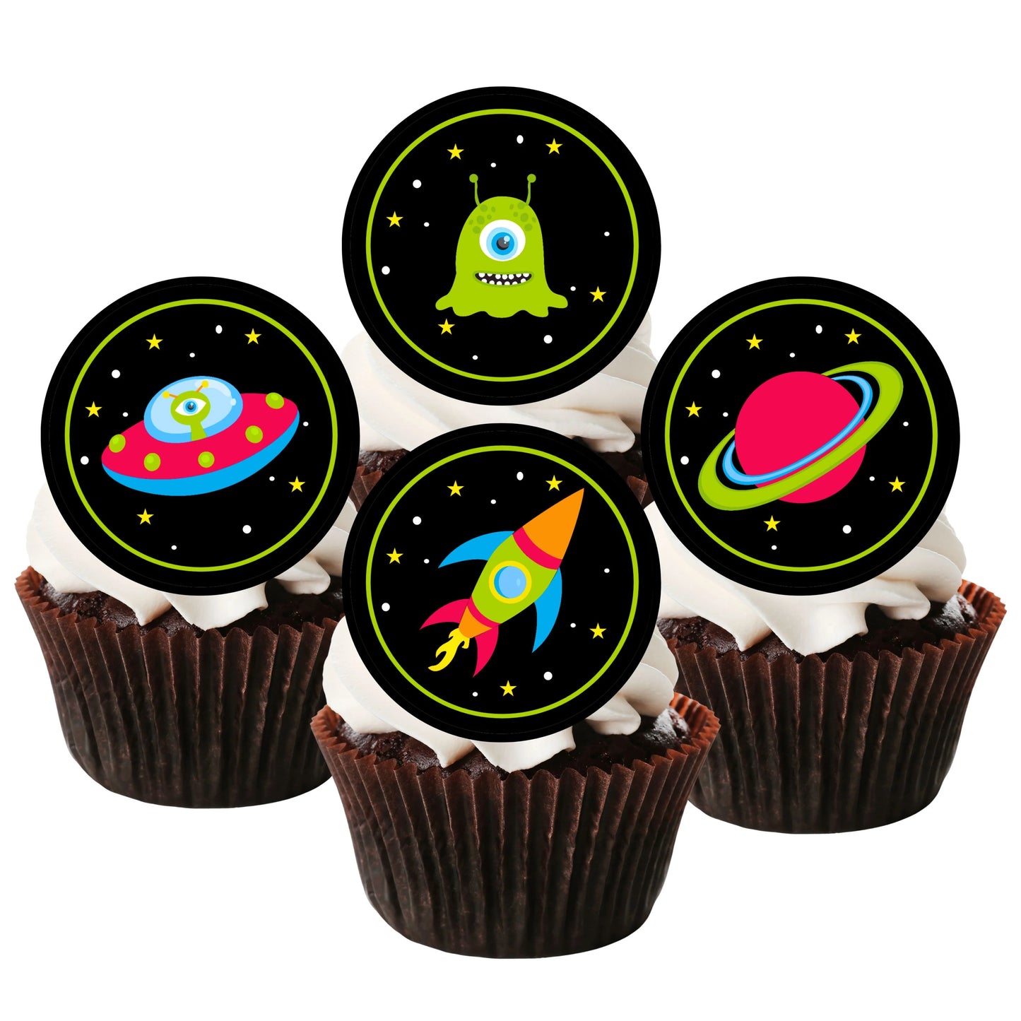 Space Theme Edible Cupcake Toppers on chocolate cupcakes with white frosting