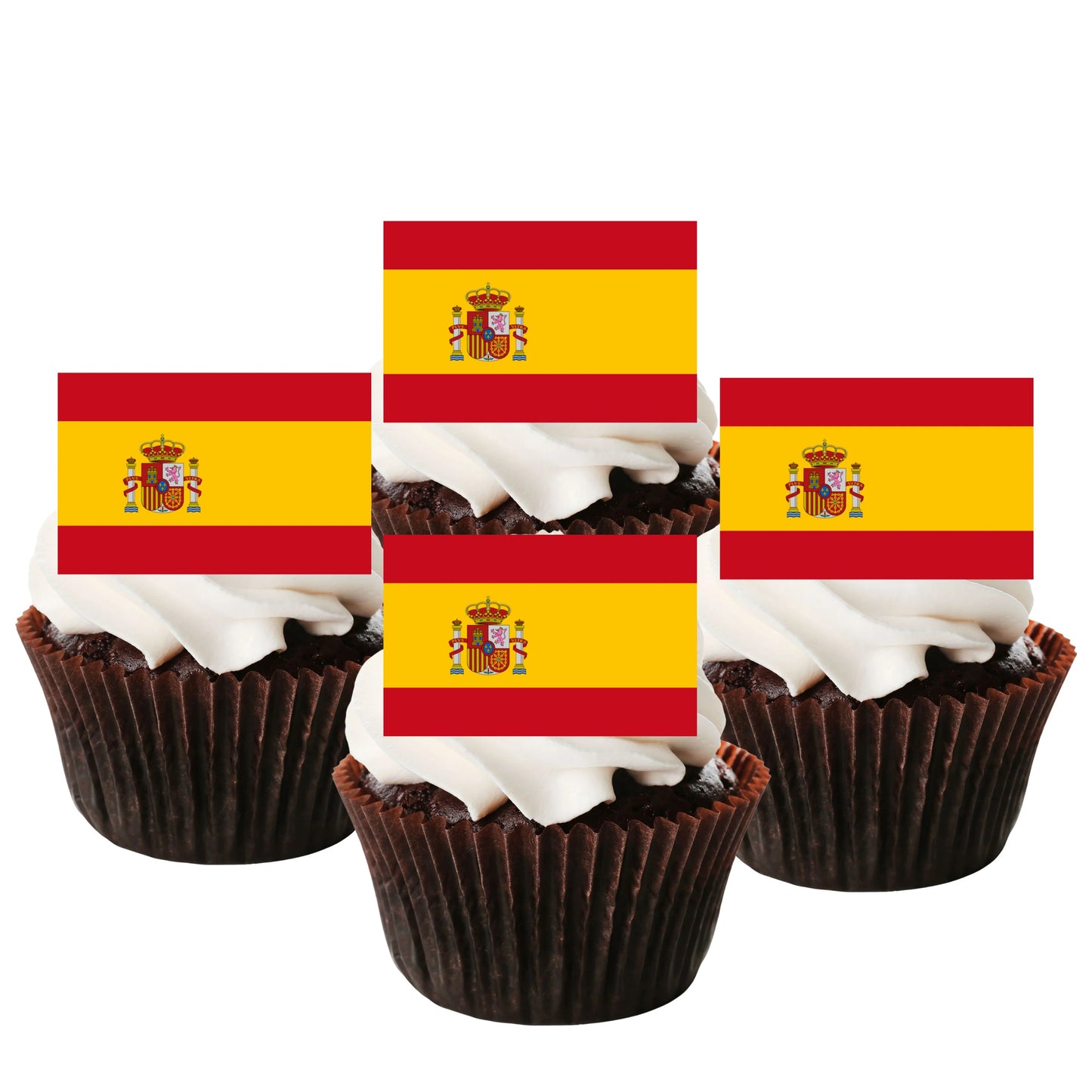 Spanish Flag Edible Cupcake Toppers on chocolate cupcakes with white frosting
