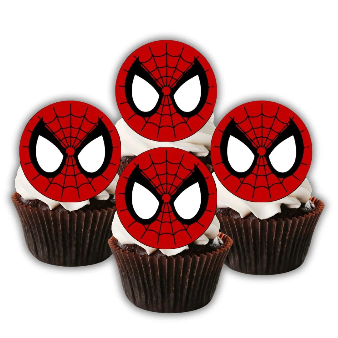 Spider-Man Face Edible Cupcake Toppers on chocolate cupcakes with white frosting