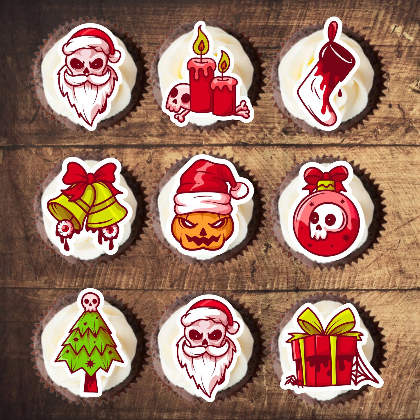 Spooky Christmas Edible Cupcake Toppers on chocolate cupcakes with white frosting