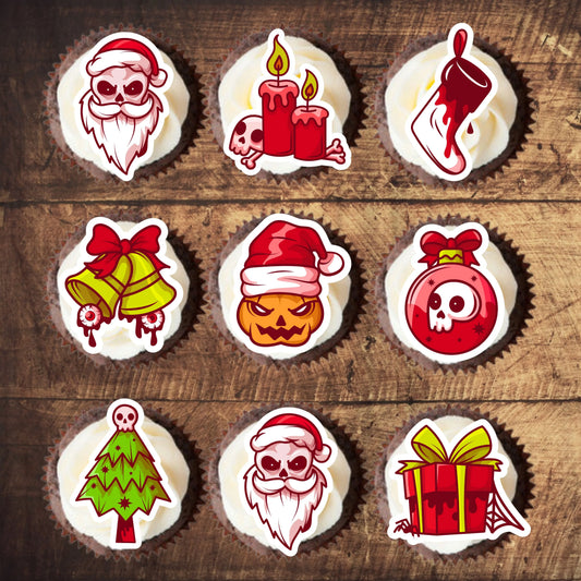 Spooky Christmas Edible Cupcake Toppers on chocolate cupcakes with white frosting