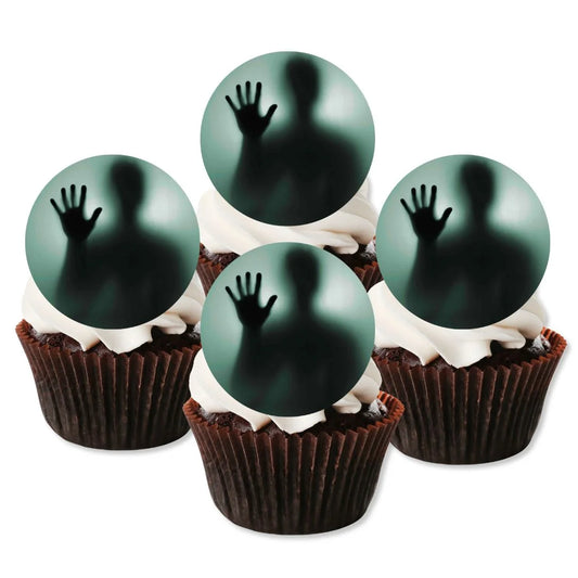 Halloween Spooky Ghost Edible Cupcake Toppers on chocolate cupcakes with white frosting